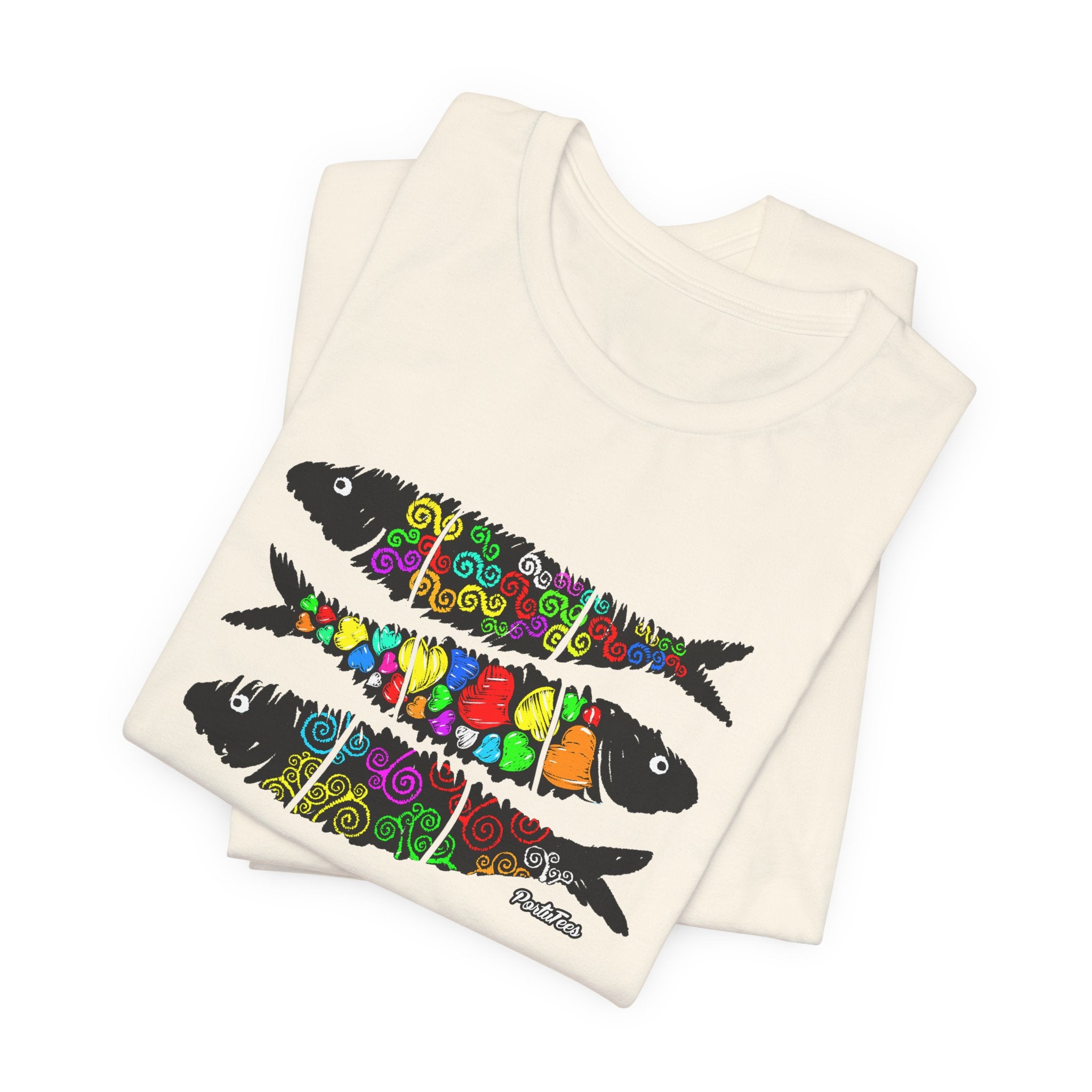 Sardine Street Art Fish Trio Tee — Colorful Patterned Sardine Graphic T-Shirt
