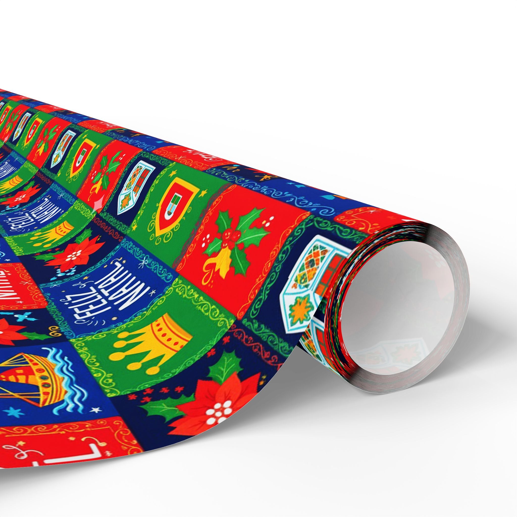 Feliz Natal Holiday Crest Pattern Wrapping Paper Roll - Festive Crown & Holly Gift Wrap