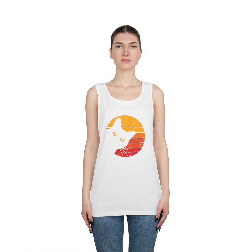 Sunset Cat Unisex Heavy Cotton Tank Top, Perfect for Cat Lovers, Summer Wear, Beach Days, Gift for Cat Owners, Casual Style