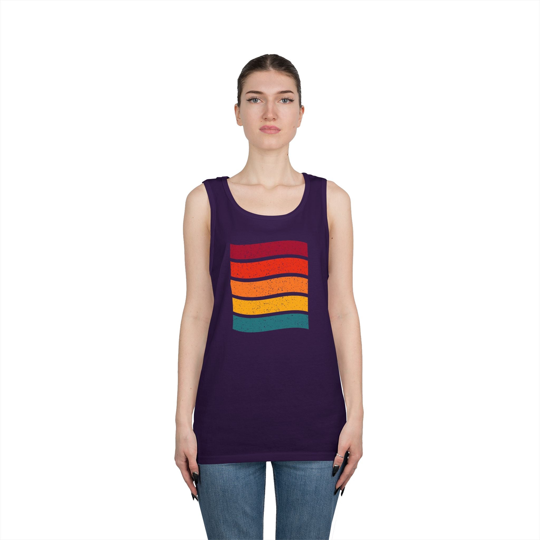 Retro Rainbow Waves Unisex Heavy Cotton Tank Top, Summer Shirt, Beachwear, Festival Outfit, Gift for Him or Her