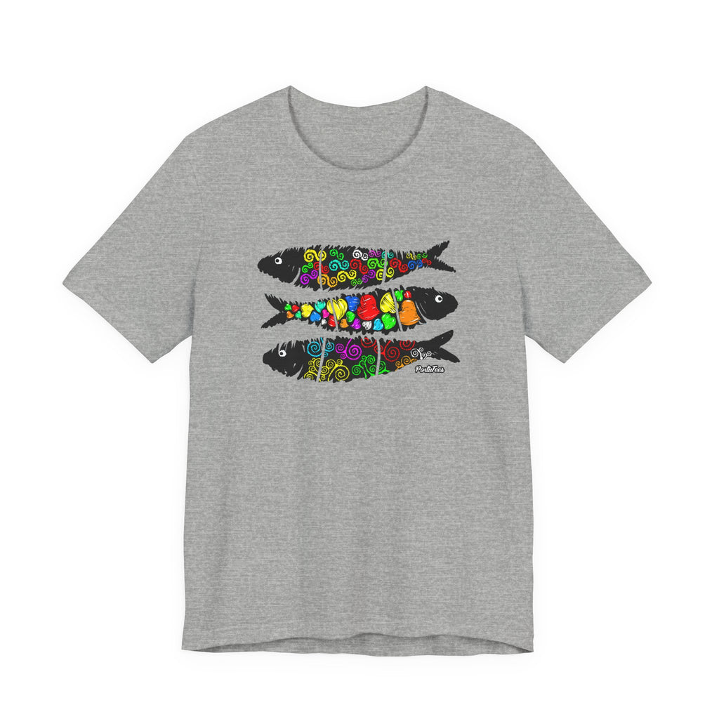 Sardine Street Art Fish Trio Tee — Colorful Patterned Sardine Graphic T-Shirt