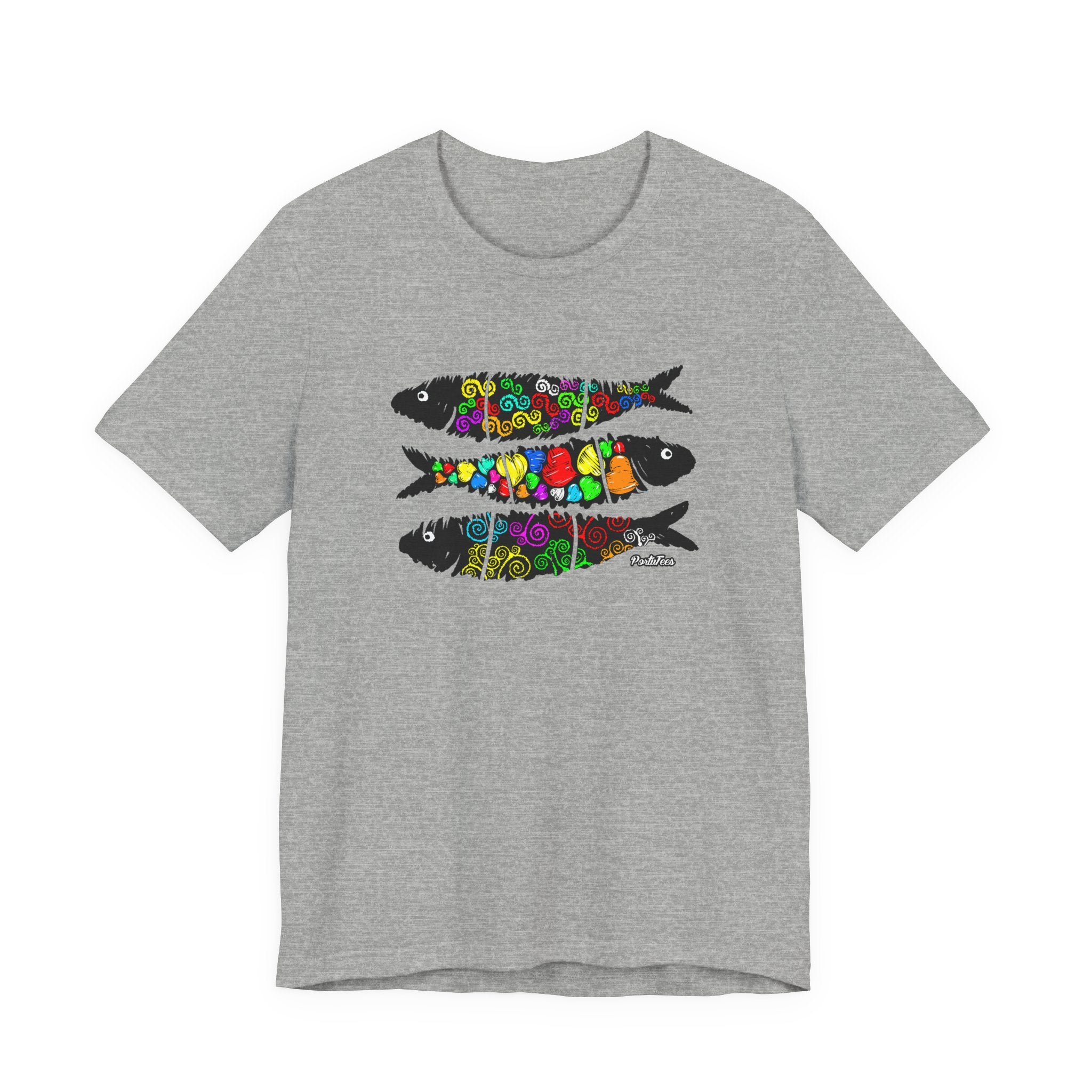 Sardine Street Art Fish Trio Tee — Colorful Patterned Sardine Graphic T-Shirt